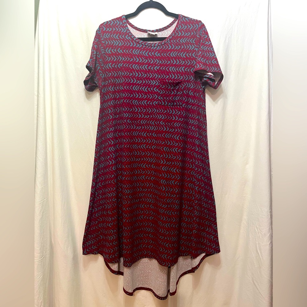 LuLaRoe Carly Medium Burgundy and Blue High Low Dress with Pocket